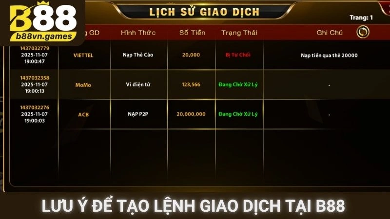 Lưu ý để tạo lệnh giao dịch tại B88 thành công