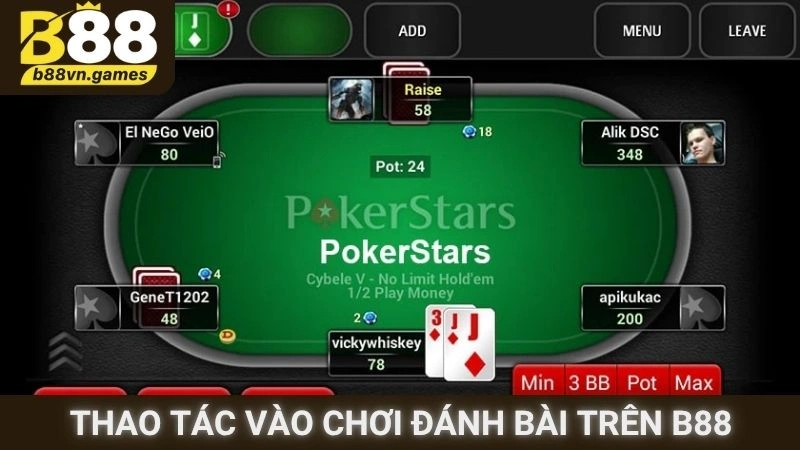 Thao tác vào chơi đánh bài trên B88