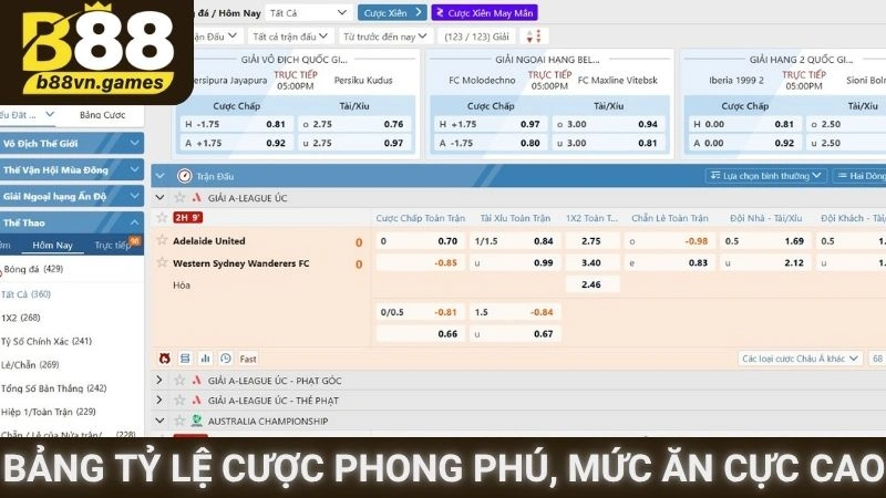 Bảng tỷ lệ cược phong phú, mức ăn cực cao